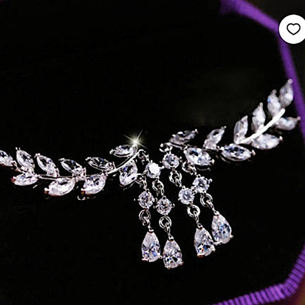 Silver Zircon Leaf Tassel Crystal Rhinestone Ear Climber Earrings - Picture 4 of 5